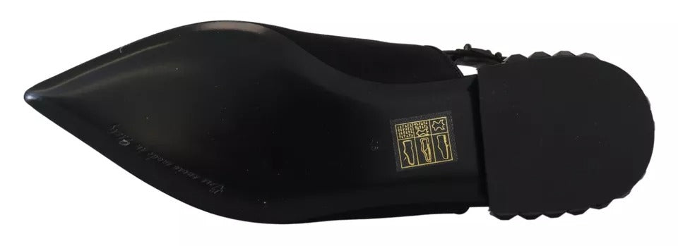 Dolce &amp; Gabbana – Schwarze flache Slingback-Schuhe aus Charmeuse mit Kristallen