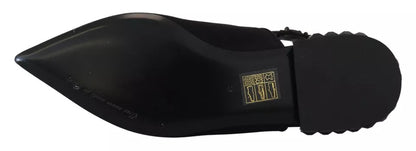 Dolce &amp; Gabbana – Schwarze flache Slingback-Schuhe aus Charmeuse mit Kristallen