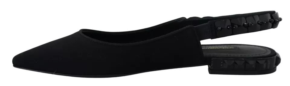 Dolce &amp; Gabbana – Schwarze flache Slingback-Schuhe aus Charmeuse mit Kristallen