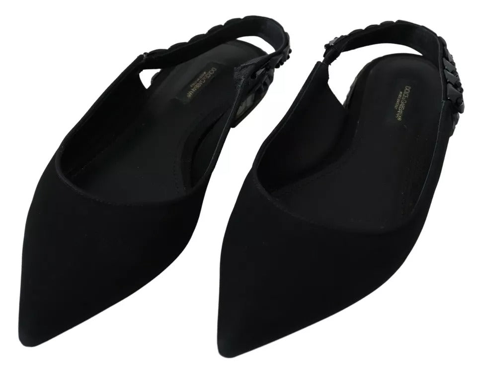 Dolce &amp; Gabbana – Schwarze flache Slingback-Schuhe aus Charmeuse mit Kristallen