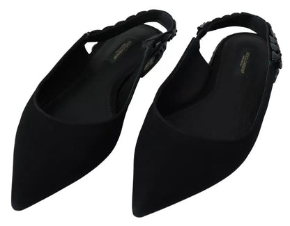 Dolce &amp; Gabbana – Schwarze flache Slingback-Schuhe aus Charmeuse mit Kristallen
