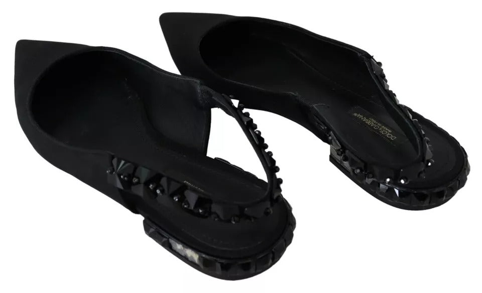 Dolce &amp; Gabbana – Schwarze flache Slingback-Schuhe aus Charmeuse mit Kristallen