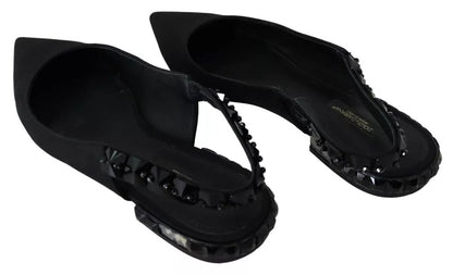 Dolce &amp; Gabbana – Schwarze flache Slingback-Schuhe aus Charmeuse mit Kristallen