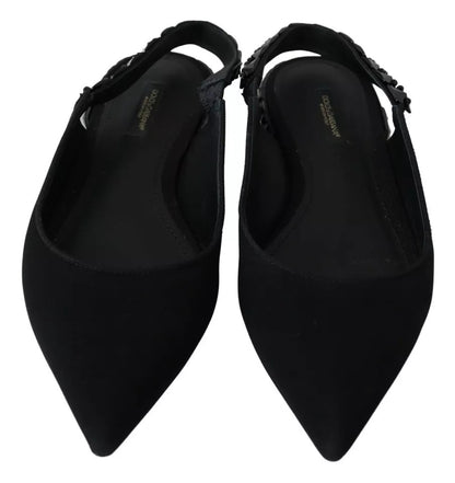 Dolce &amp; Gabbana – Schwarze flache Slingback-Schuhe aus Charmeuse mit Kristallen