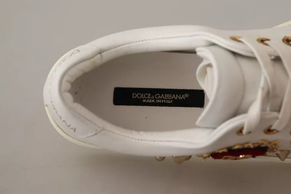 Dolce &amp; Gabbana Weiße Leder Gold Rote Herz Sneakers Schuhe