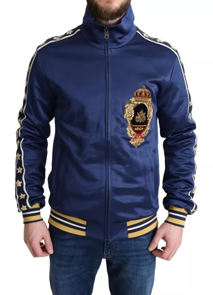 Dolce &amp; Gabbana Blauer Pullover mit gestreiftem King Bee-Aufnäher und heraldischem Patch