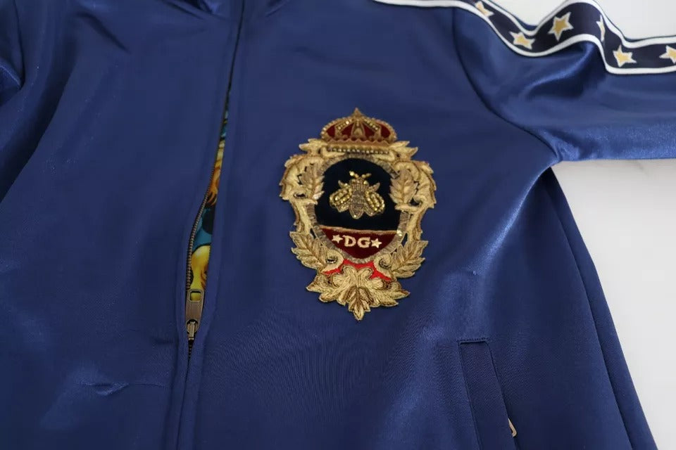 Dolce &amp; Gabbana Blauer Pullover mit gestreiftem King Bee-Aufnäher und heraldischem Patch