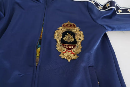 Dolce &amp; Gabbana Blauer Pullover mit gestreiftem King Bee-Aufnäher und heraldischem Patch
