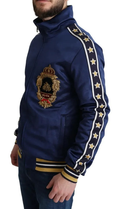 Dolce &amp; Gabbana Blauer Pullover mit gestreiftem King Bee-Aufnäher und heraldischem Patch