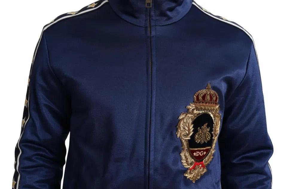 Dolce &amp; Gabbana Blauer Pullover mit gestreiftem King Bee-Aufnäher und heraldischem Patch