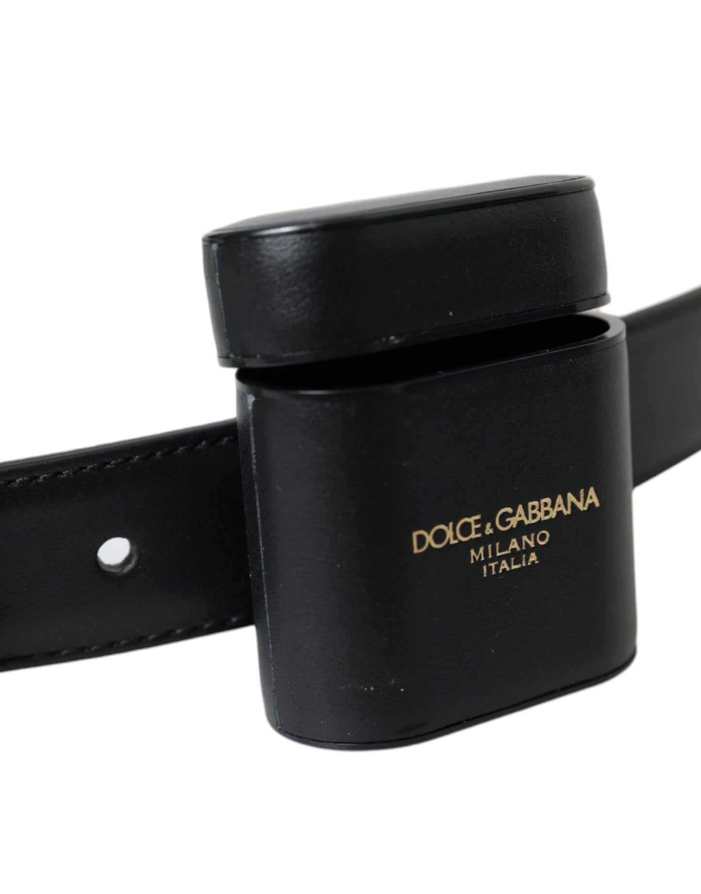 Dolce &amp; Gabbana – Schwarzes Airpods-Etui aus Leder mit silberner Schnalle