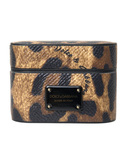 Dolce &amp; Gabbana – Airpods-Hülle aus braunem Kalbsleder mit Leopardenmuster und Metall-Logoplakette