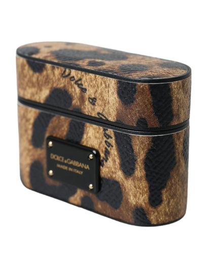 Dolce &amp; Gabbana – Airpods-Hülle aus braunem Kalbsleder mit Leopardenmuster und Metall-Logoplakette