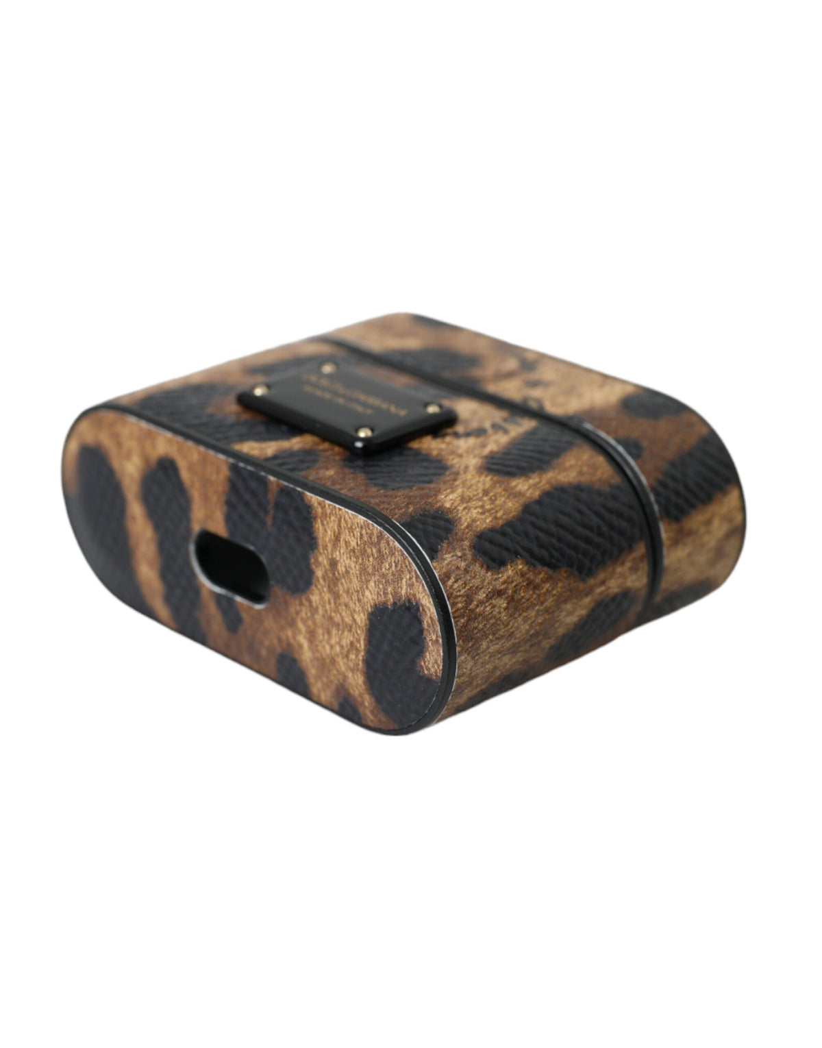 Dolce &amp; Gabbana – Airpods-Hülle aus braunem Kalbsleder mit Leopardenmuster und Metall-Logoplakette