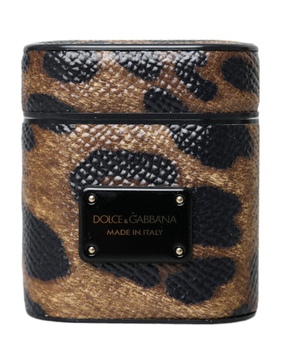 Dolce &amp; Gabbana – Airpods-Hülle aus braunem Kalbsleder mit Leopardenmuster und Metall-Logoplakette