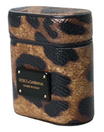 Dolce &amp; Gabbana – Airpods-Hülle aus braunem Kalbsleder mit Leopardenmuster und Metall-Logoplakette