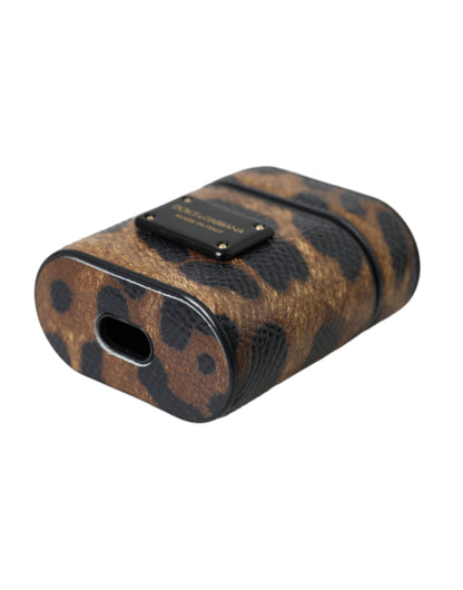 Dolce &amp; Gabbana – Airpods-Hülle aus braunem Kalbsleder mit Leopardenmuster und Metall-Logoplakette