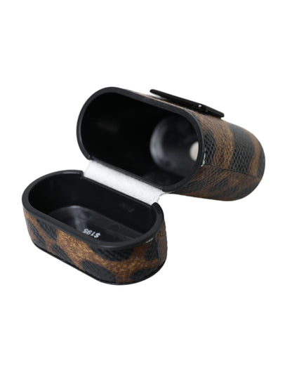 Dolce &amp; Gabbana – Airpods-Hülle aus braunem Kalbsleder mit Leopardenmuster und Metall-Logoplakette