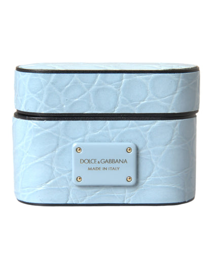 Dolce &amp; Gabbana – Airpods-Hülle aus hellblauem Leder mit Metall-Logo
