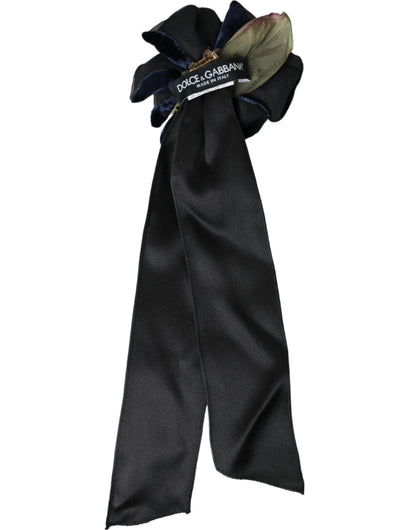Dolce &amp; Gabbana Haarnadel mit Blumenmuster, schwarze Seide, goldenes Messing