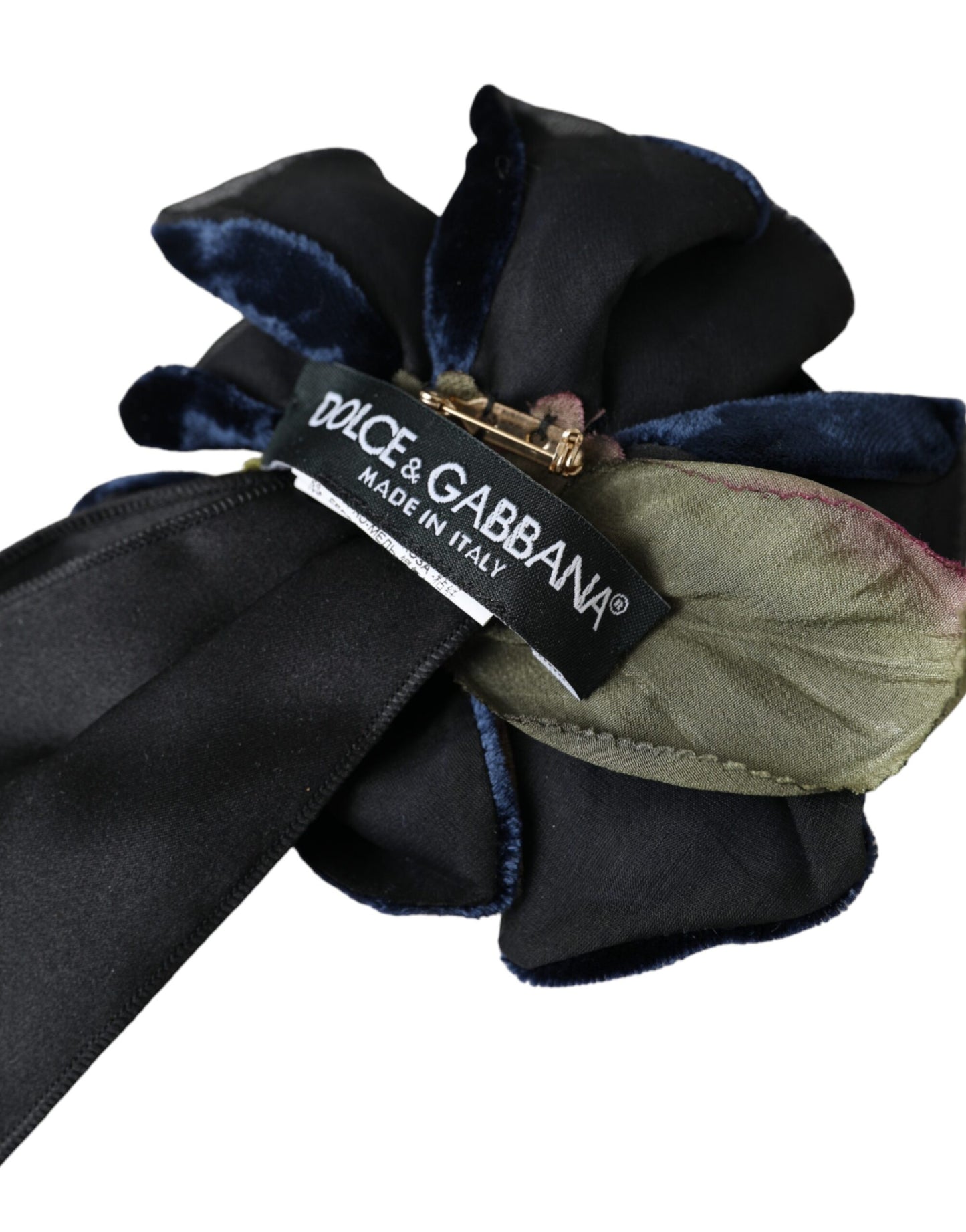 Dolce &amp; Gabbana Haarnadel mit Blumenmuster, schwarze Seide, goldenes Messing