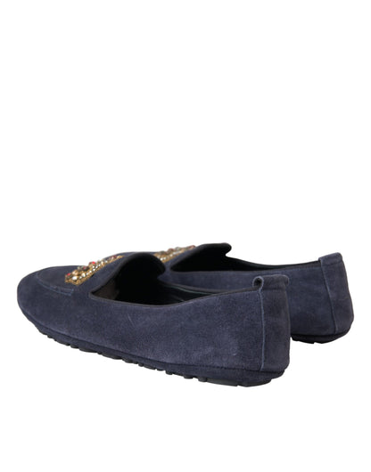 Dolce &amp; Gabbana – Loafer-Schuhe aus blauem Wildleder mit Kristallkrone