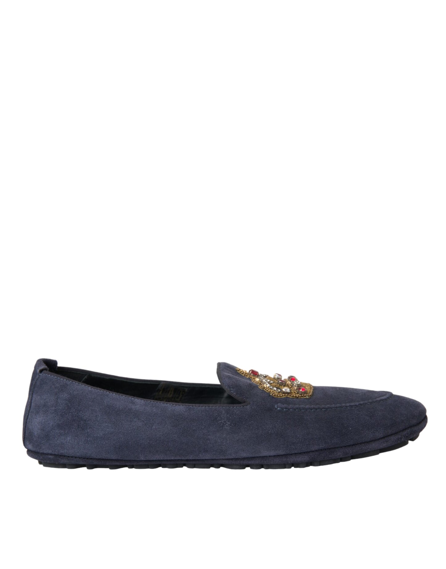 Dolce &amp; Gabbana – Loafer-Schuhe aus blauem Wildleder mit Kristallkrone