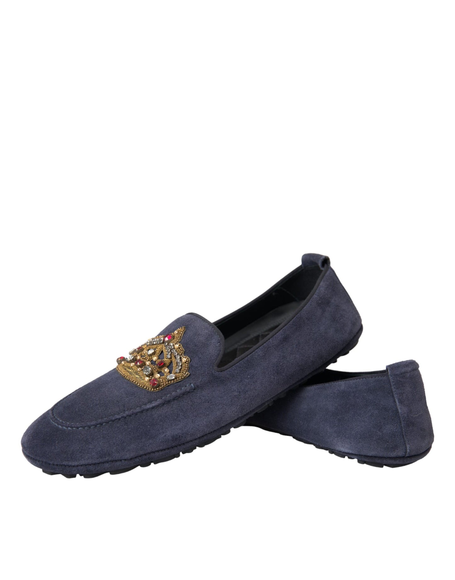 Dolce &amp; Gabbana – Loafer-Schuhe aus blauem Wildleder mit Kristallkrone