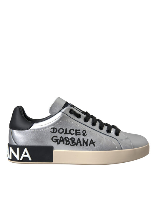 Dolce &amp; Gabbana Silberne Portofino-Sneakers aus Kalbsleder Herren Schuhe