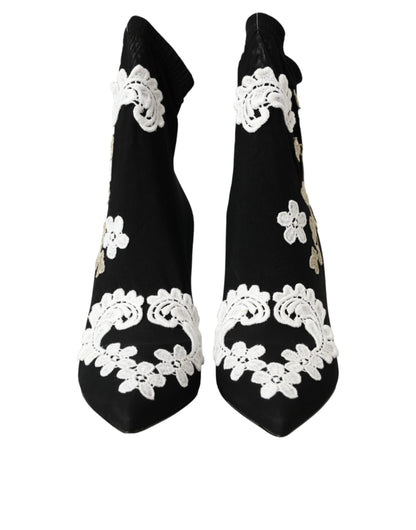 Dolce &amp; Gabbana – Slipper-Stiefel mit Stickerei in Schwarz und Weiß