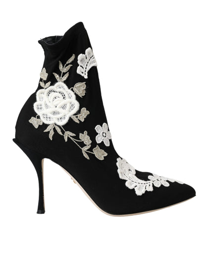 Dolce &amp; Gabbana – Slipper-Stiefel mit Stickerei in Schwarz und Weiß