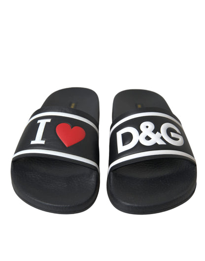 Dolce &amp; Gabbana Schwarze Leder I Love D&amp;G Sandalen Slides Schuhe