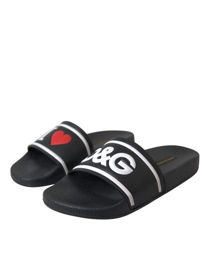 Dolce &amp; Gabbana Schwarze Leder I Love D&amp;G Sandalen Slides Schuhe