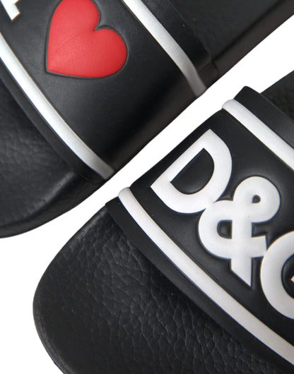 Dolce &amp; Gabbana Schwarze Leder I Love D&amp;G Sandalen Slides Schuhe