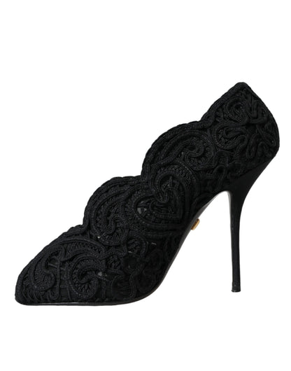 Schwarze Cordonetto Ricamo Pump-Schuhe mit offener Zehenpartie von Dolce &amp; Gabbana