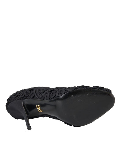 Schwarze Cordonetto Ricamo Pump-Schuhe mit offener Zehenpartie von Dolce &amp; Gabbana