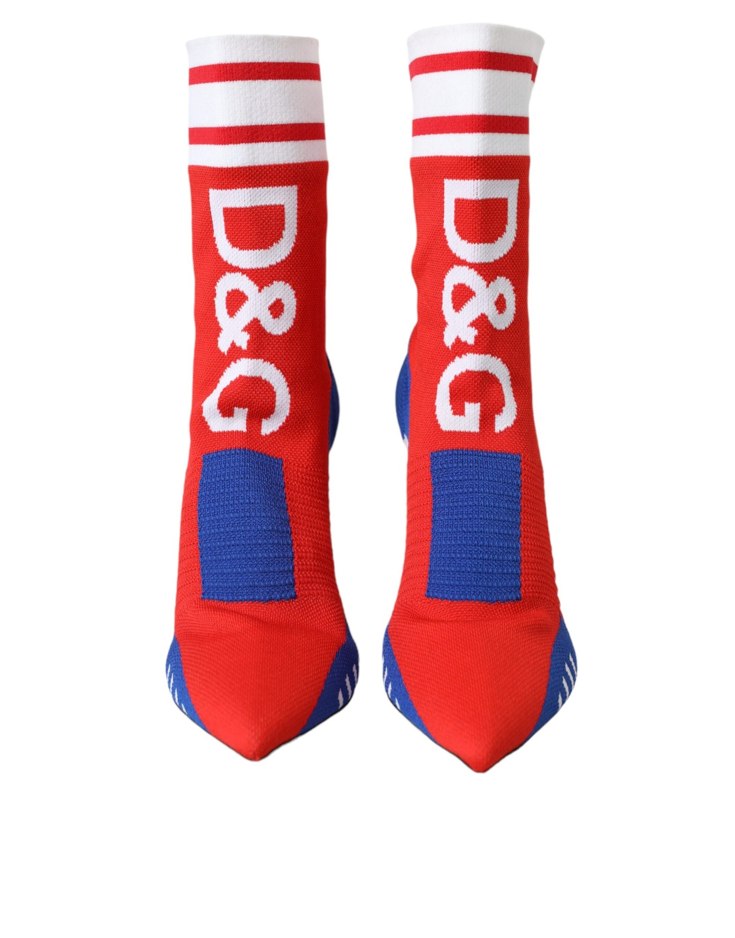 Dolce &amp; Gabbana – Rot-blaue Stretch-Stiefeletten im Sockenstil mit Logo