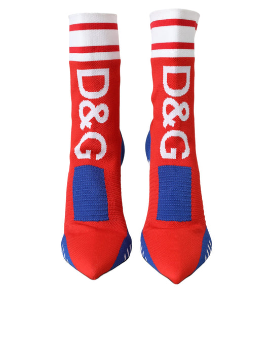 Dolce &amp; Gabbana – Rot-blaue Stretch-Stiefeletten im Sockenstil mit Logo