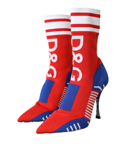 Dolce &amp; Gabbana – Rot-blaue Stretch-Stiefeletten im Sockenstil mit Logo