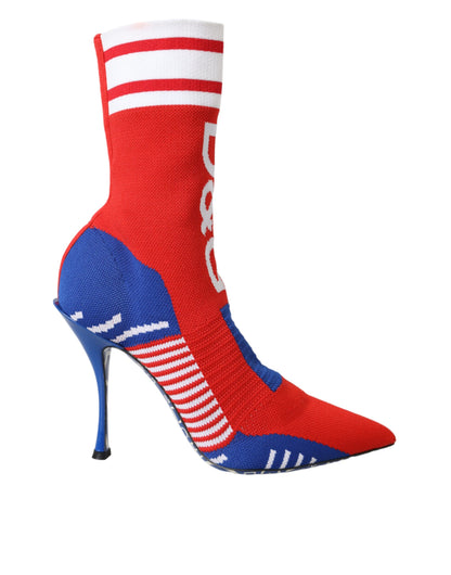 Dolce &amp; Gabbana – Rot-blaue Stretch-Stiefeletten im Sockenstil mit Logo