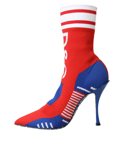 Dolce &amp; Gabbana – Rot-blaue Stretch-Stiefeletten im Sockenstil mit Logo