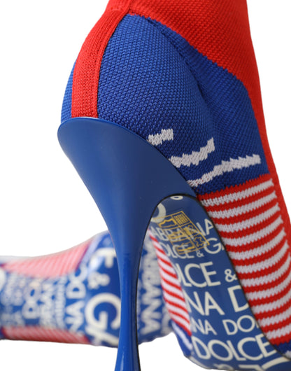 Dolce &amp; Gabbana – Rot-blaue Stretch-Stiefeletten im Sockenstil mit Logo