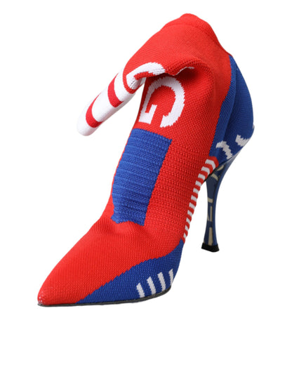 Dolce &amp; Gabbana – Rot-blaue Stretch-Stiefeletten im Sockenstil mit Logo