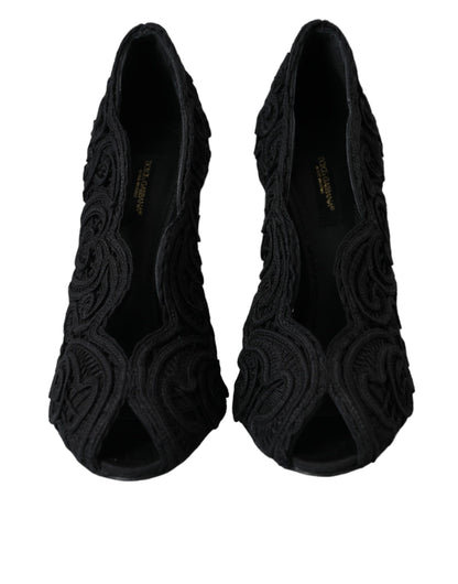 Schwarze Cordonetto Ricamo Pump-Schuhe mit offener Zehenpartie von Dolce &amp; Gabbana