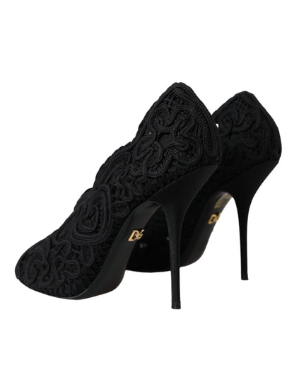 Schwarze Cordonetto Ricamo Pump-Schuhe mit offener Zehenpartie von Dolce &amp; Gabbana
