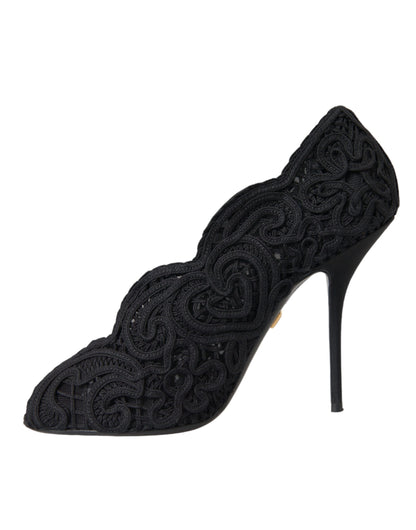 Schwarze Cordonetto Ricamo Pump-Schuhe mit offener Zehenpartie von Dolce &amp; Gabbana