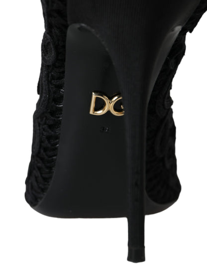 Schwarze Cordonetto Ricamo Pump-Schuhe mit offener Zehenpartie von Dolce &amp; Gabbana