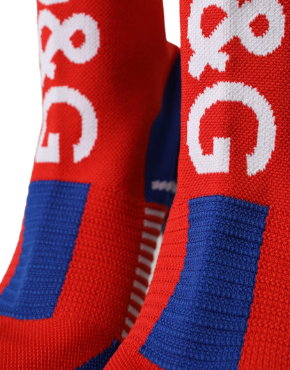 Dolce &amp; Gabbana – Rote und blaue Stretch-Stiefel im Sockenstil mit Logo