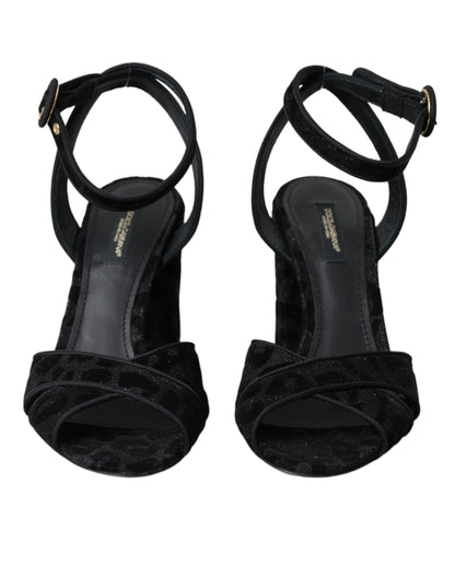 Dolce &amp; Gabbana Schwarze Leoparden-Wildleder-Absatzsandalen