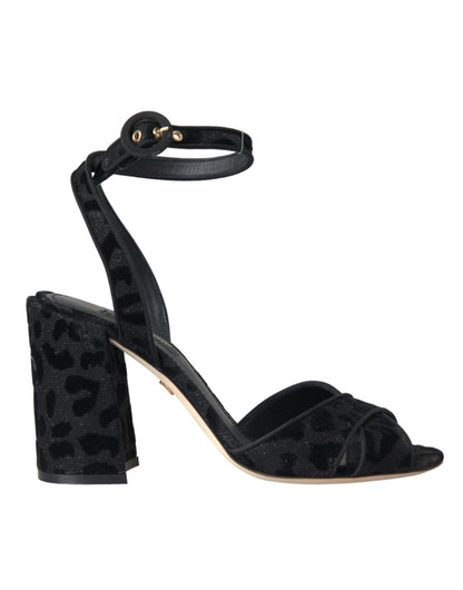 Dolce &amp; Gabbana Schwarze Leoparden-Wildleder-Absatzsandalen
